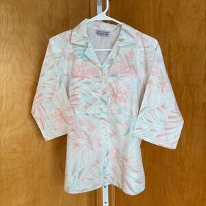 VTG Cabrais‎ Tropical Floral Button Up Shirt Women S Pink Teal Short Sleeve